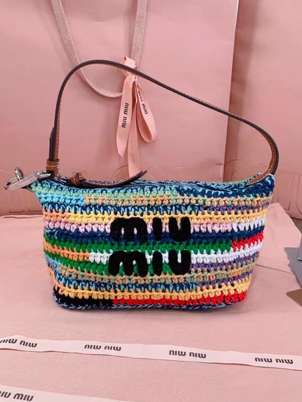 Miu Miu Embroidered Logo Colorful Crochet Raffia Zipper Hobo Shoulder Handbag
